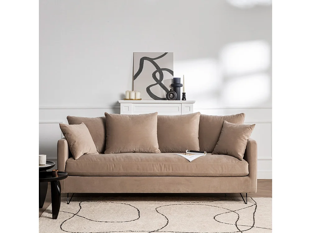 Villabon - Canapé 4 places en velours pieds épingles noirs - Beige