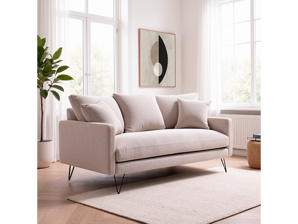 Villabon - Canapé 3 places en tissu pieds épingles noirs - Naturel chiné