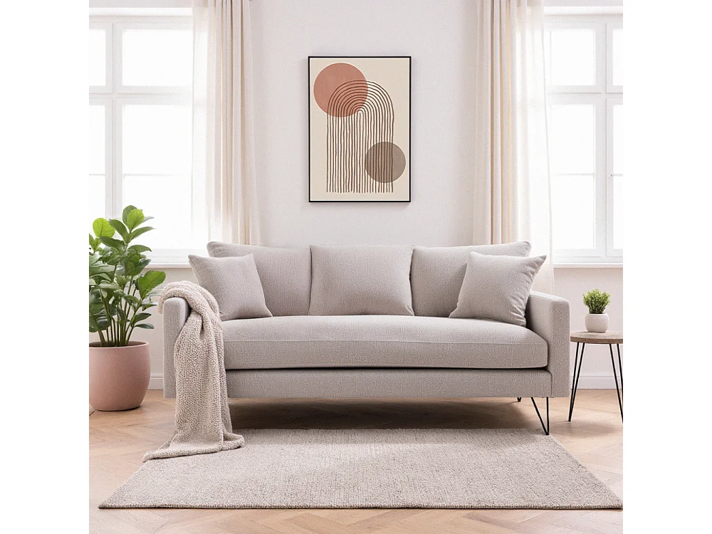 Villabon - Canapé 3 places en tissu pieds épingles noirs - Naturel chiné