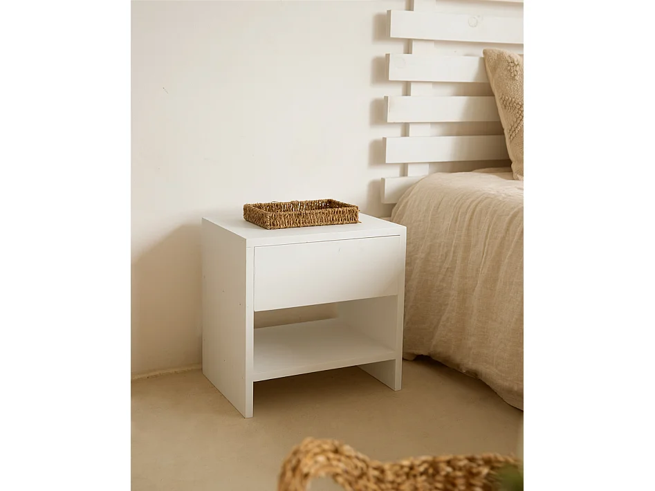 Table de chevet en bois de sapin avec un tiroir blanc 40x40cm - MARTINA - DECOWOOD