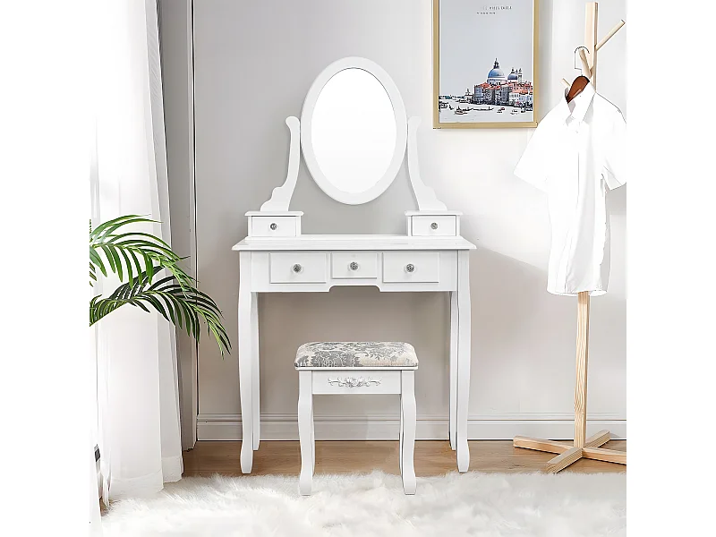 Coiffeuse moderne avec miroir, tabouret et 5 tiroirs - coiffeuse commode - blanc - 79,5 x 40 x 140 cm