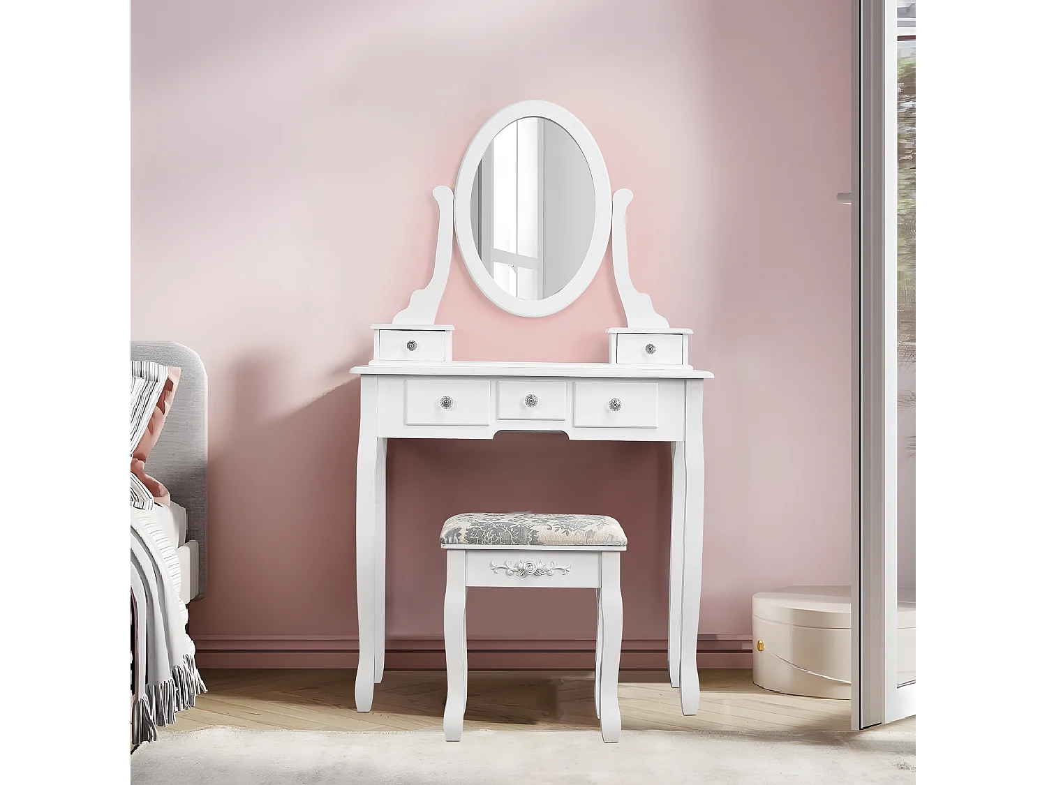 Coiffeuse moderne avec miroir, tabouret et 5 tiroirs - coiffeuse commode - blanc - 79,5 x 40 x 140 cm