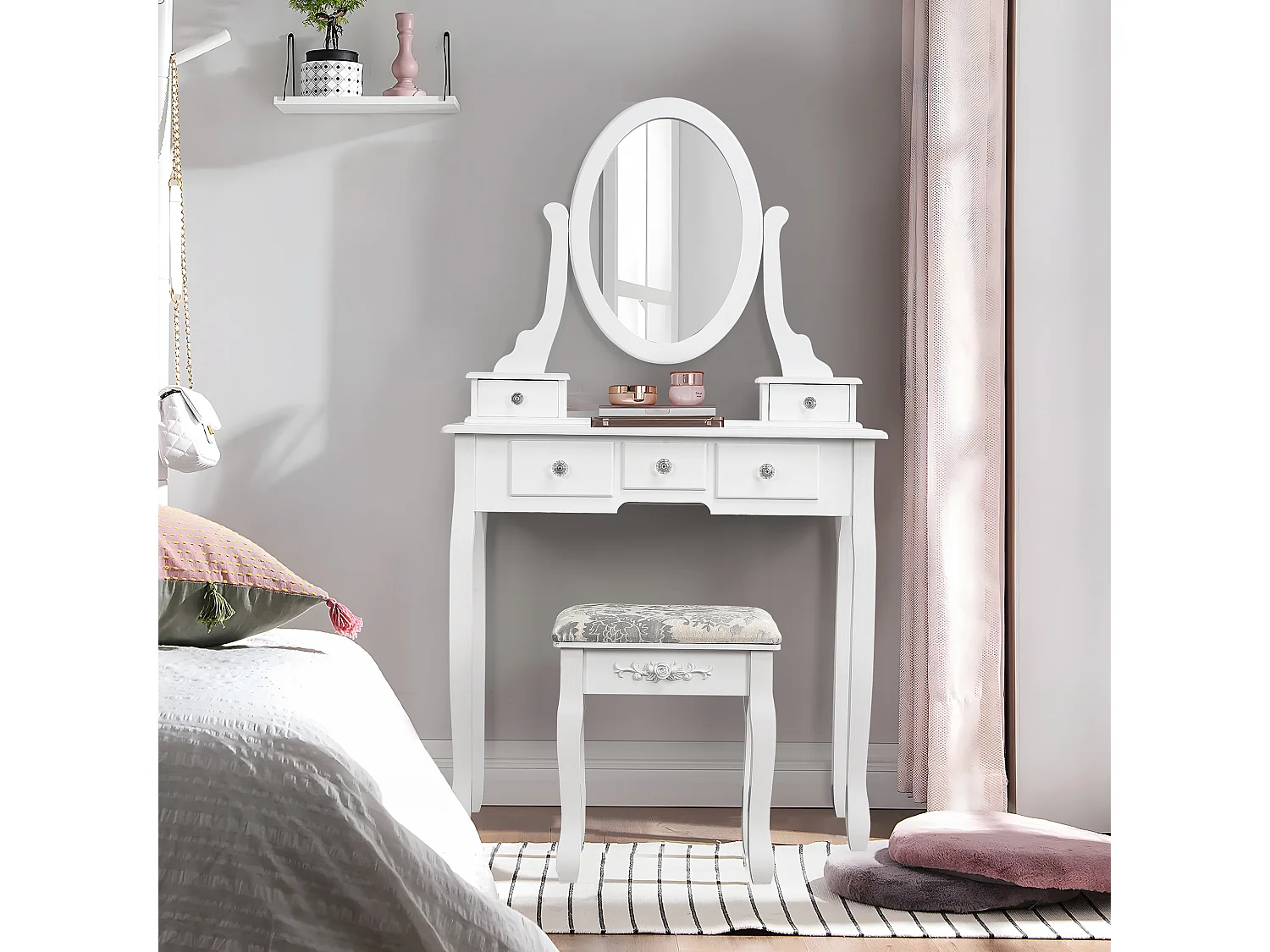 Coiffeuse moderne avec miroir, tabouret et 5 tiroirs - coiffeuse commode - blanc - 79,5 x 40 x 140 cm