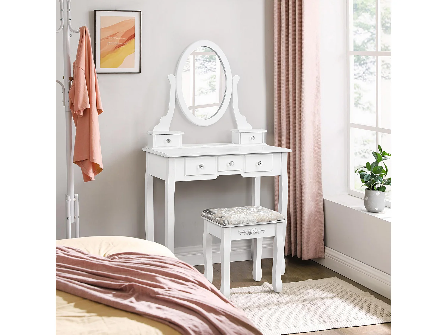 Coiffeuse moderne avec miroir, tabouret et 5 tiroirs - coiffeuse commode - blanc - 79,5 x 40 x 140 cm