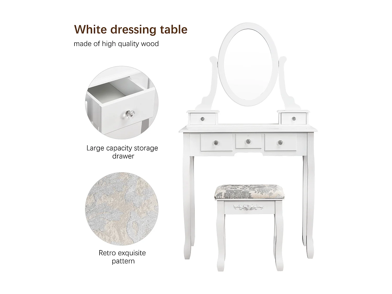 Coiffeuse moderne avec miroir, tabouret et 5 tiroirs - coiffeuse commode - blanc - 79,5 x 40 x 140 cm
