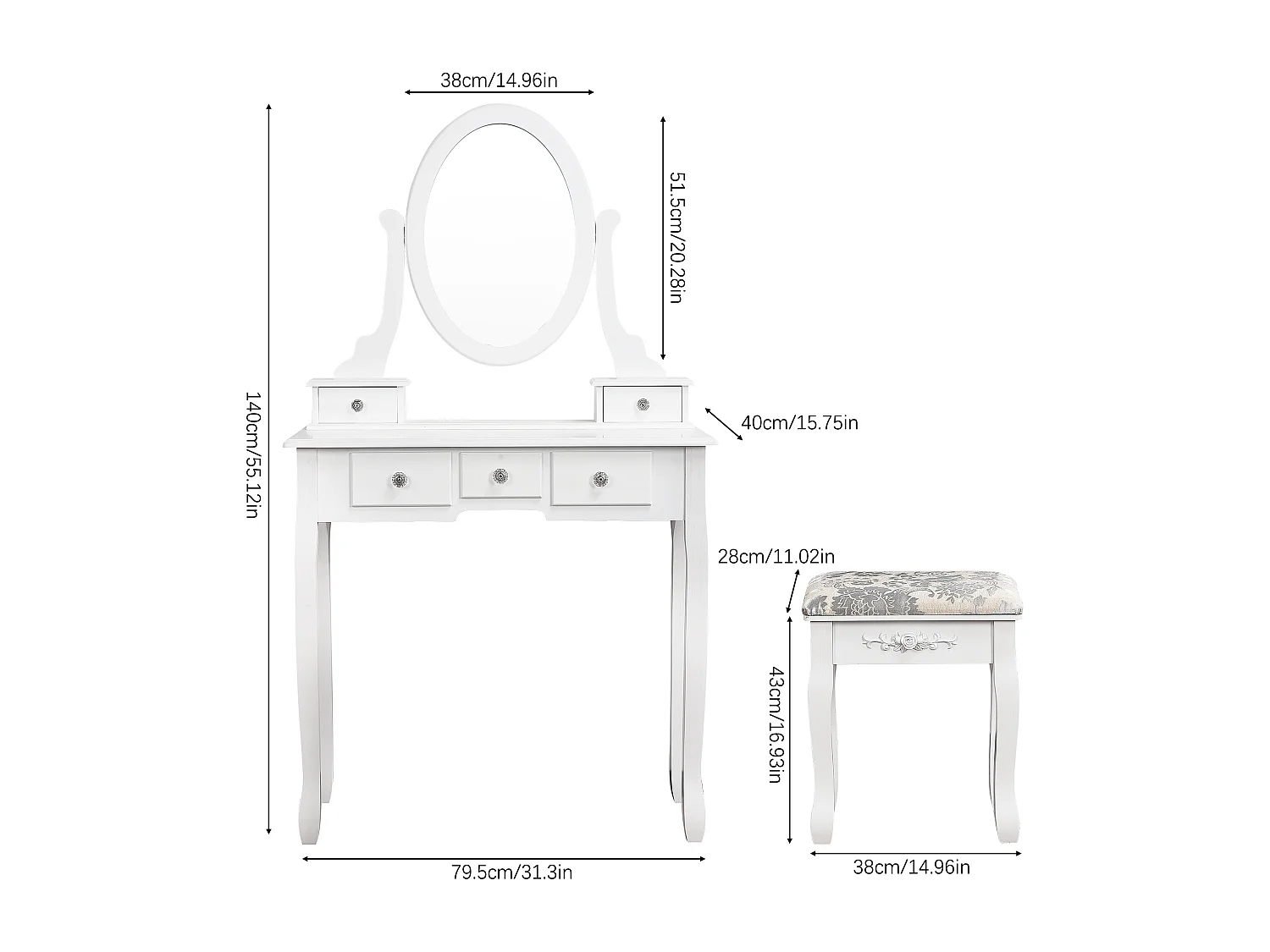 Coiffeuse moderne avec miroir, tabouret et 5 tiroirs - coiffeuse commode - blanc - 79,5 x 40 x 140 cm