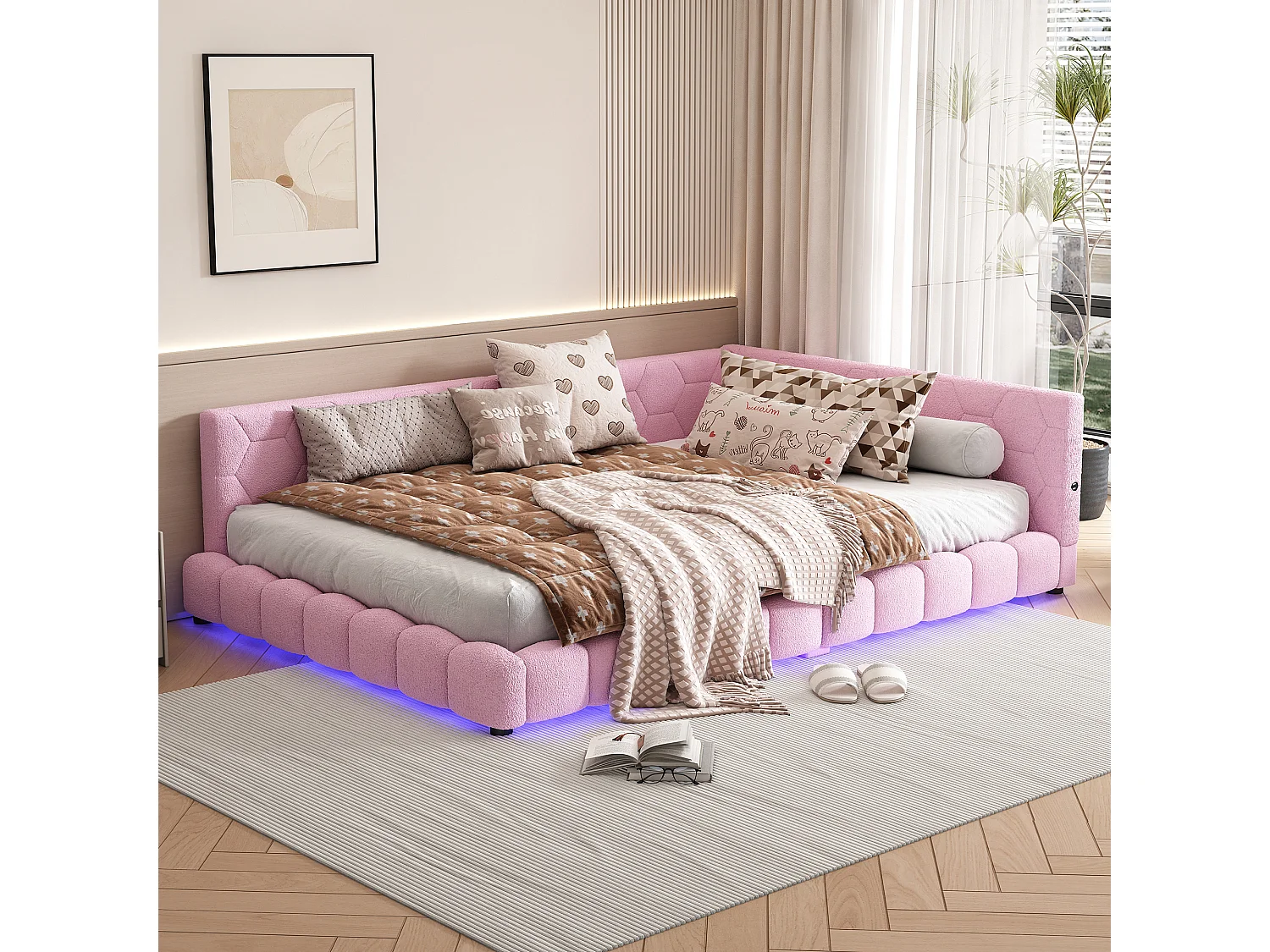 Lit double 140x200cm - Canapé convertible avec lumière d'ambiance 16 couleurs, port USB - Peluche - Rose