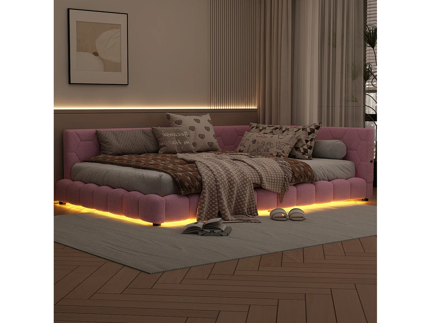 Lit double 140x200cm - Canapé convertible avec lumière d'ambiance 16 couleurs, port USB - Peluche - Rose