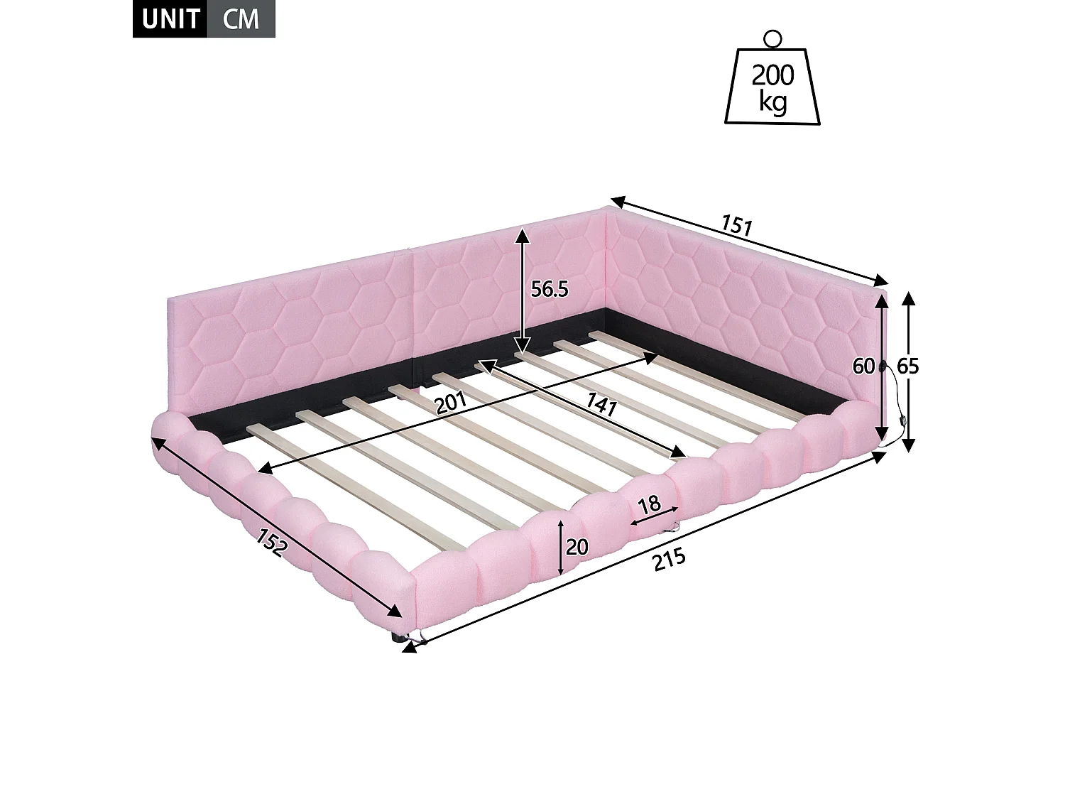 Lit double 140x200cm - Canapé convertible avec lumière d'ambiance 16 couleurs, port USB - Peluche - Rose
