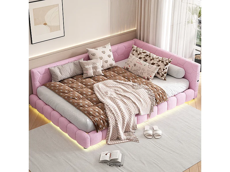 Lit double 140x200cm - Canapé convertible avec lumière d'ambiance 16 couleurs, port USB - Peluche - Rose