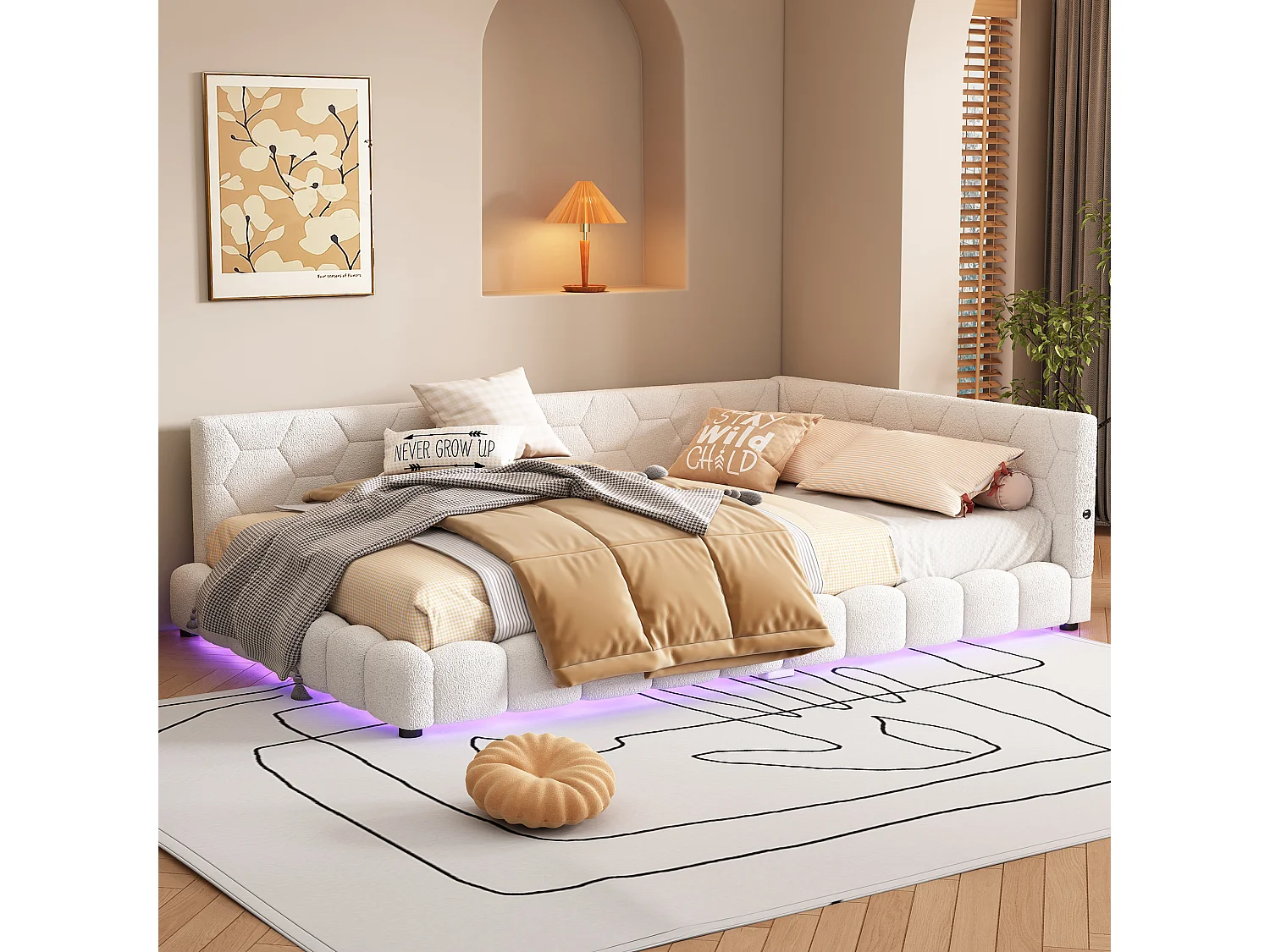 Letto matrimoniale 140x200cm - Divano letto con luce ambientale a 16 colori, porta USB - Peluche - Bianco