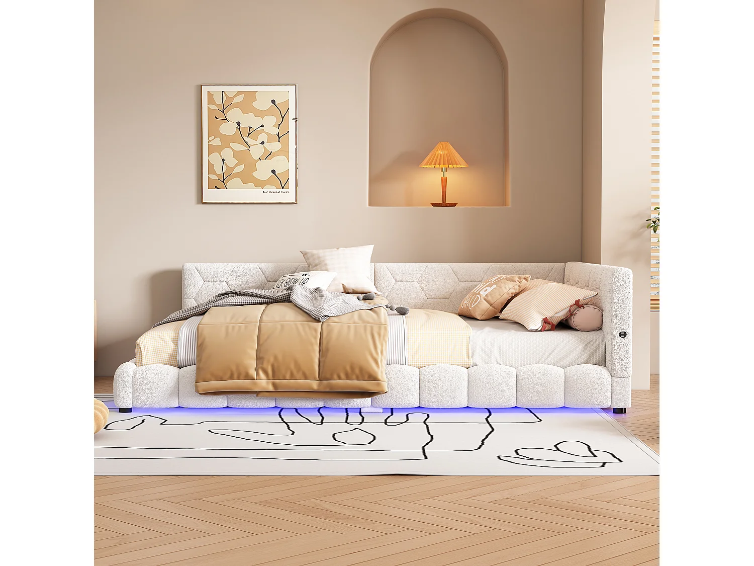 Letto matrimoniale 140x200cm - Divano letto con luce ambientale a 16 colori, porta USB - Peluche - Bianco