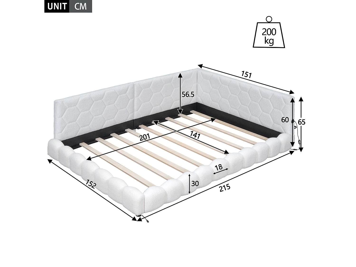Letto matrimoniale 140x200cm - Divano letto con luce ambientale a 16 colori, porta USB - Peluche - Bianco