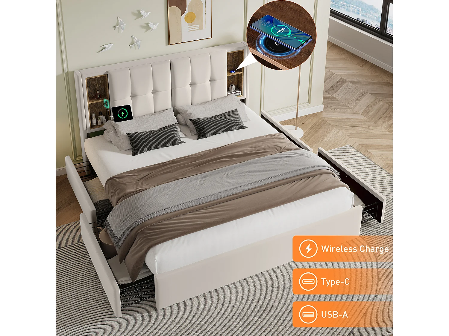 Lit avec rangement 160x200cm - Lit double avec recharge sans fil USB C et 4 tiroirs - Beige - Velours