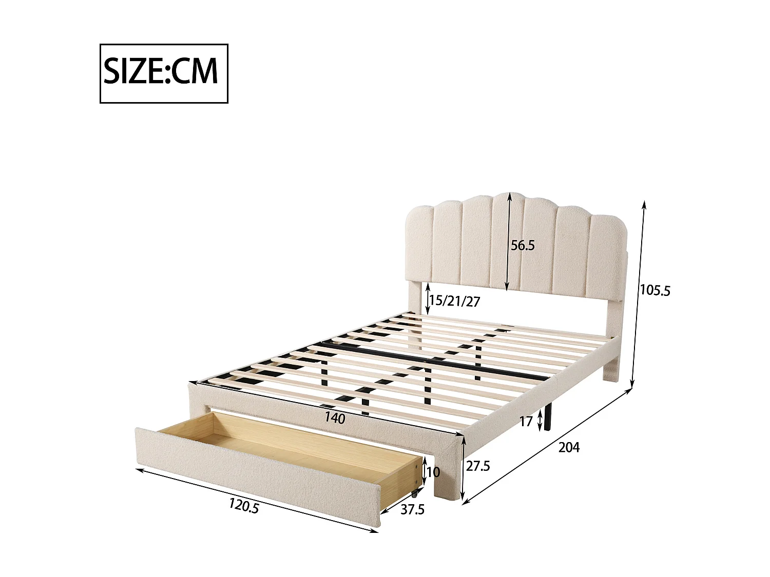 Doppelbett 140x200 cm - Jugendbett mit Ablagefächern - Hautfreundlicher Teddy-Stoff - Beige