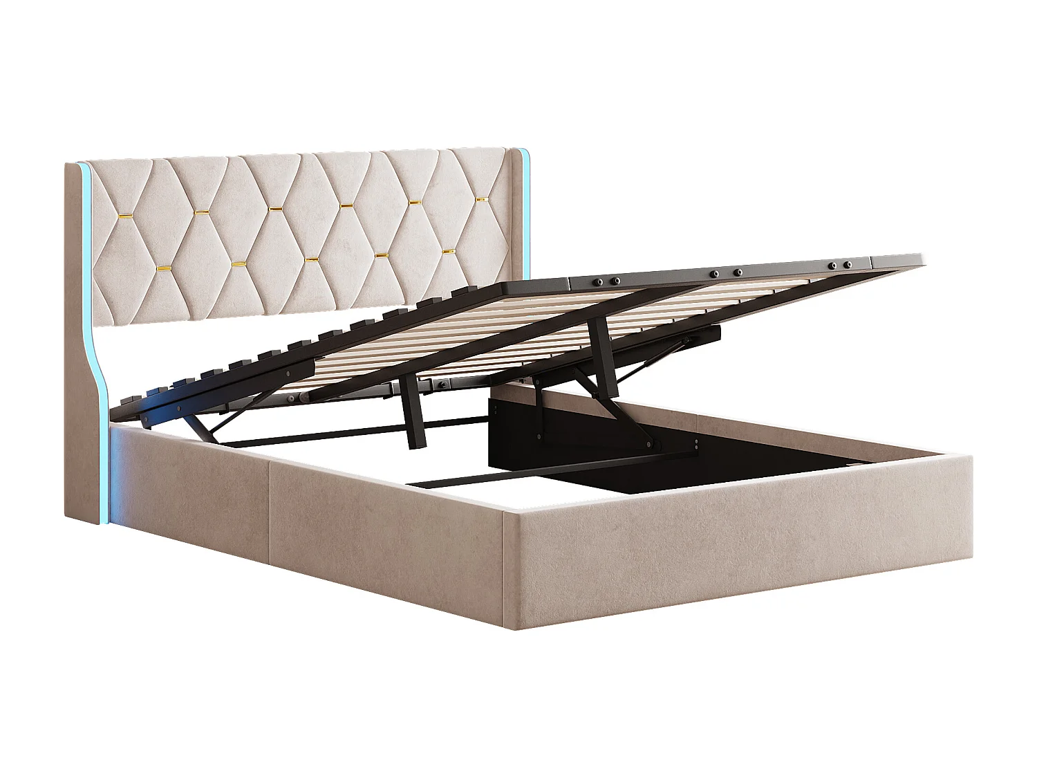 Lit avec rangements - Lit double 160x200cm avec bandeau lumineux LED - Velours - Beige