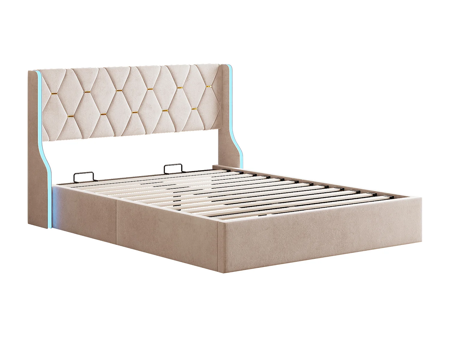 Lit avec rangements - Lit double 160x200cm avec bandeau lumineux LED - Velours - Beige