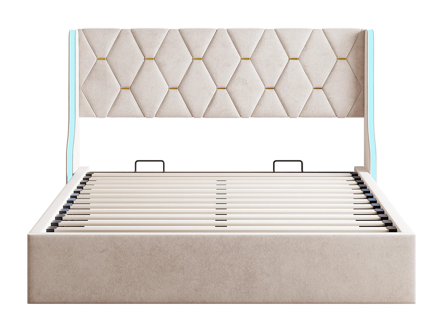 Lit avec rangements - Lit double 160x200cm avec bandeau lumineux LED - Velours - Beige