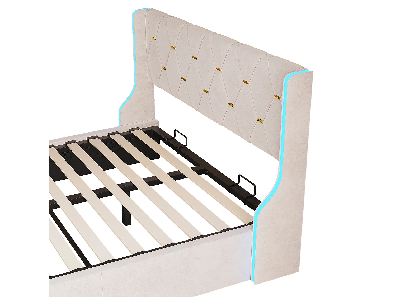 Doppelbett 140x200 cm - Jugendbett mit Lichtleiste und USB-Buchse - mit großer Schublad - Samtstoff - Grau