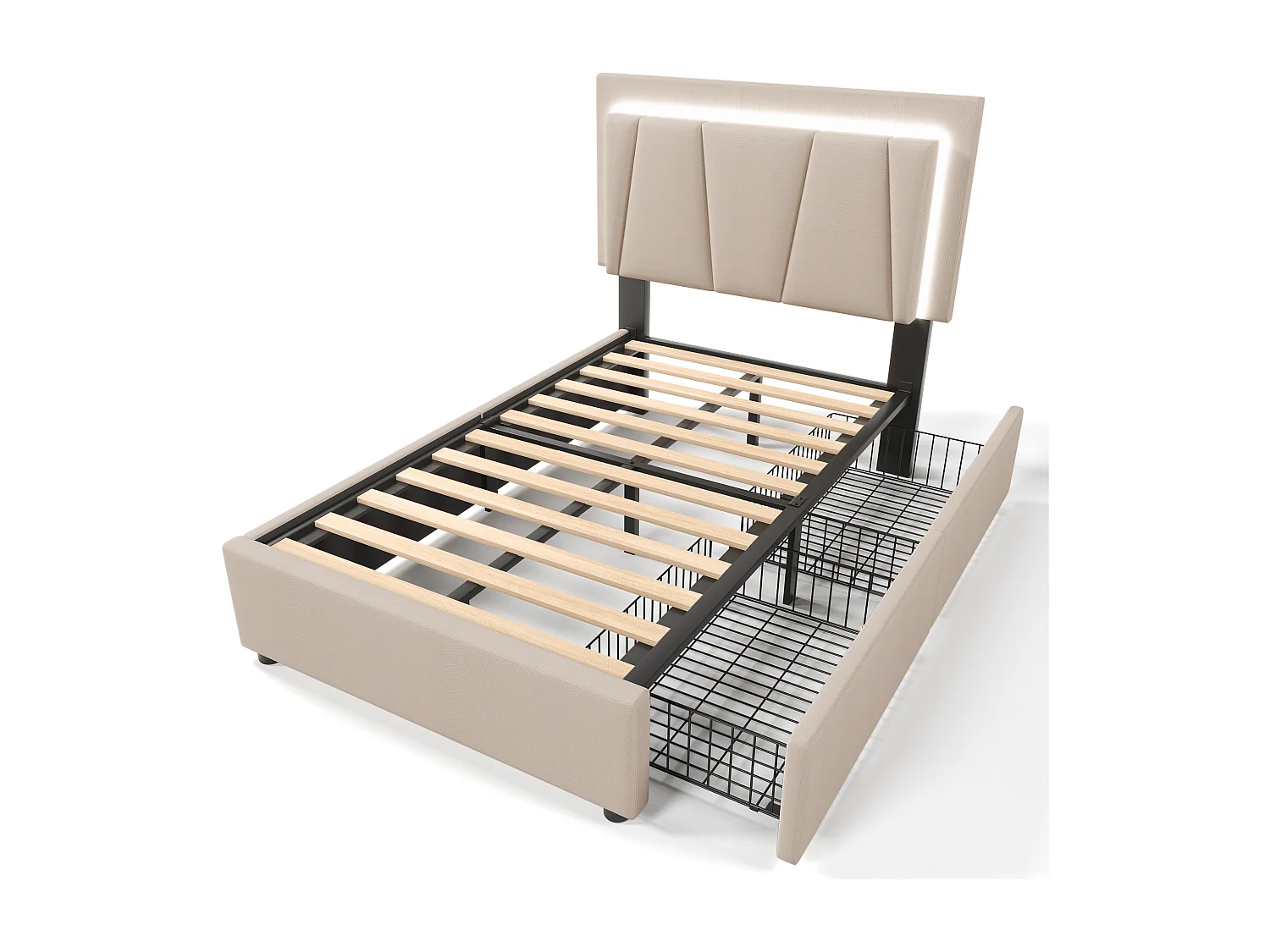 Einzelbett 90x200 cm - Polsterbett mit LED-Beleuchtung und 2 Schubladen - Höhenverstellbarem Kopfteil - Leinen - Beige