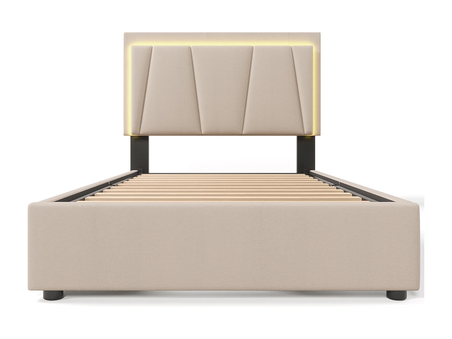 Einzelbett 90x200 cm - Polsterbett mit LED-Beleuchtung und 2 Schubladen - Höhenverstellbarem Kopfteil - Leinen - Beige