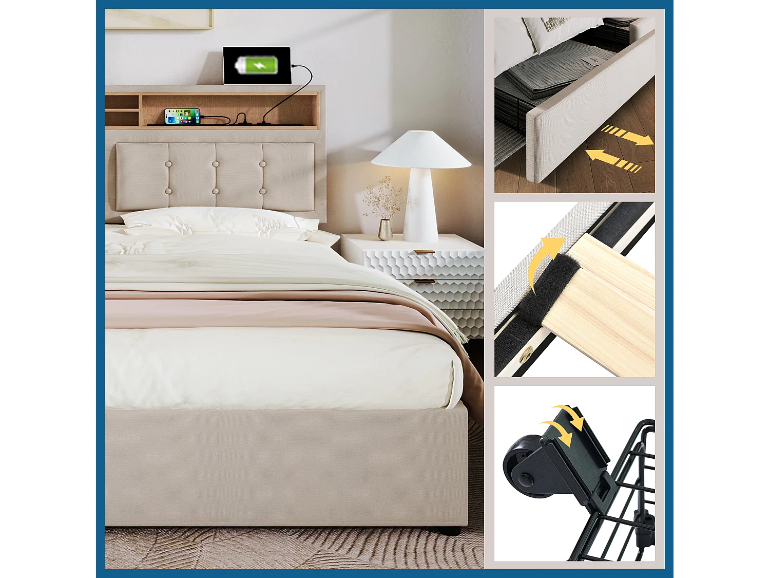 Lit double 140x200cm - avec 4 tiroirs et prise USB C - Tête de lit réglable en hauteur - Lin - Beige