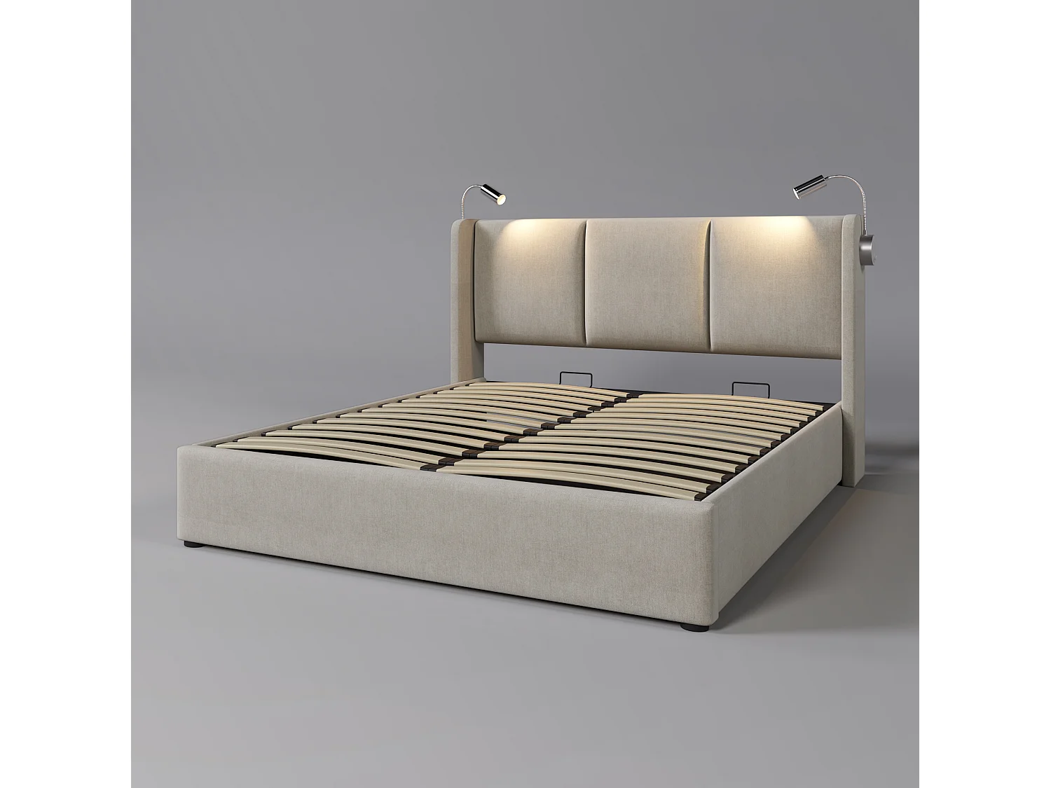 Lit avec rangement 160x200cm - Lit double avec liseuse et chargeur USB - Cadre de lit - Matière lin - Beige