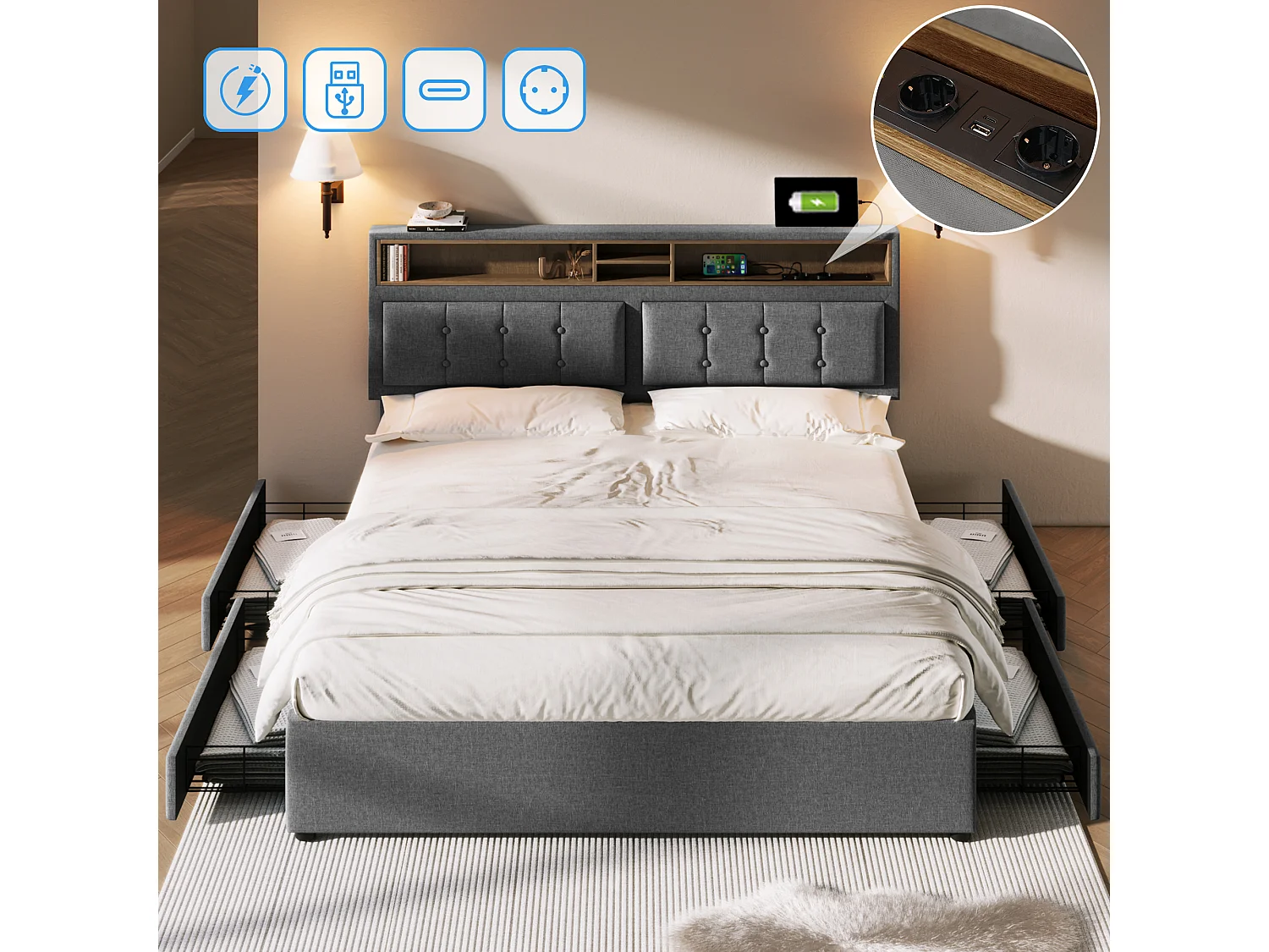 Lit double 140x200cm - avec 4 tiroirs et prise USB C - Tête de lit réglable en hauteur - Lin - Gris