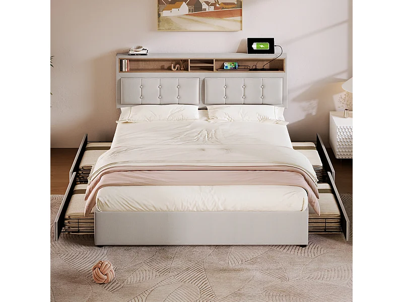 Lit double 160x200cm - avec 4 tiroirs et prise USB C - Tête de lit réglable en hauteur - Lin - Beige