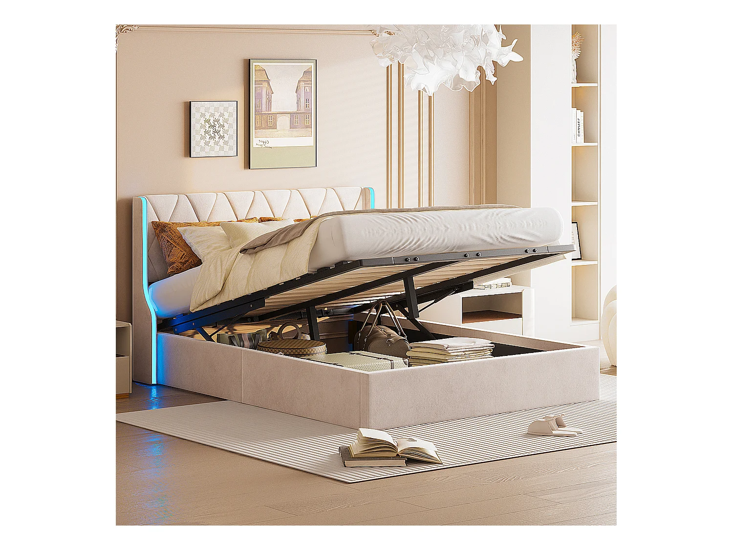 Lit avec rangements - Lit double 140x200cm avec bandeau lumineux LED - Velours - Beige