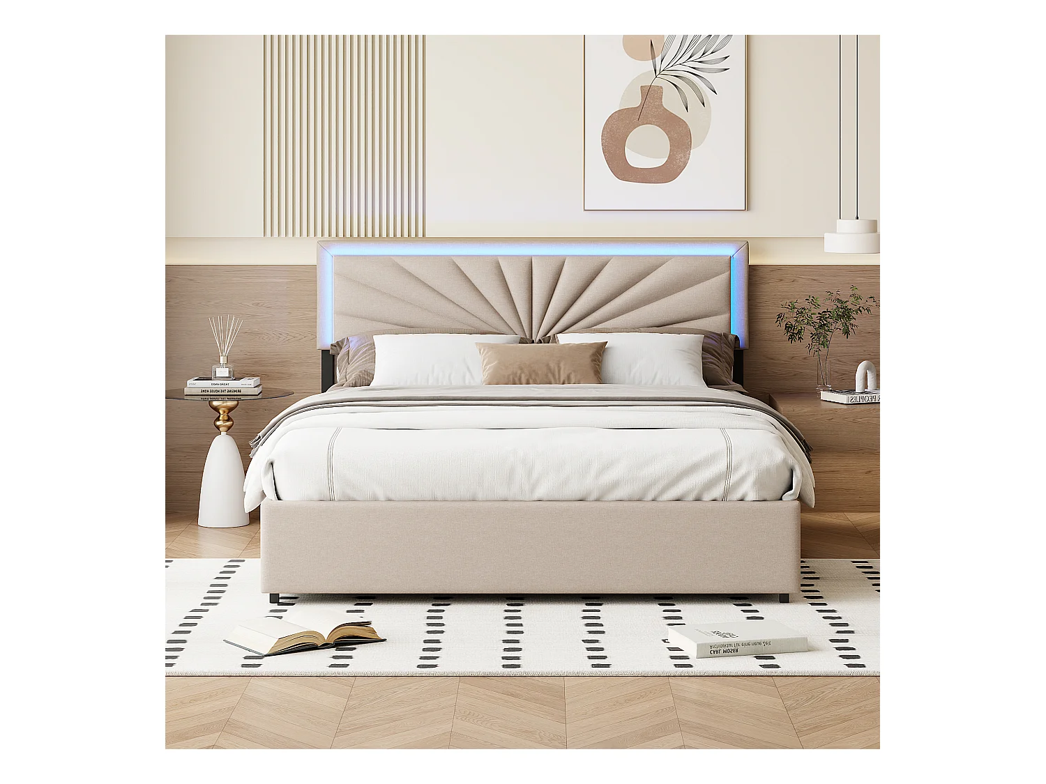Doppelbett 160x200 cm - Jugendbett mit Lichtleiste und USB-Buchse - mit großer Schublad - Samtstoff - Beige
