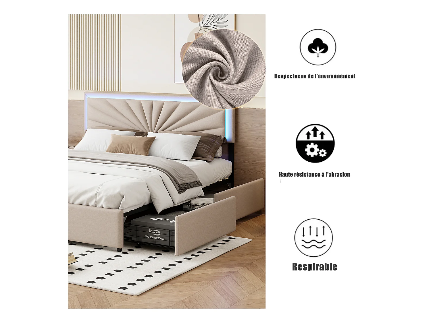 Doppelbett 160x200 cm - Jugendbett mit Lichtleiste und USB-Buchse - mit großer Schublad - Samtstoff - Beige