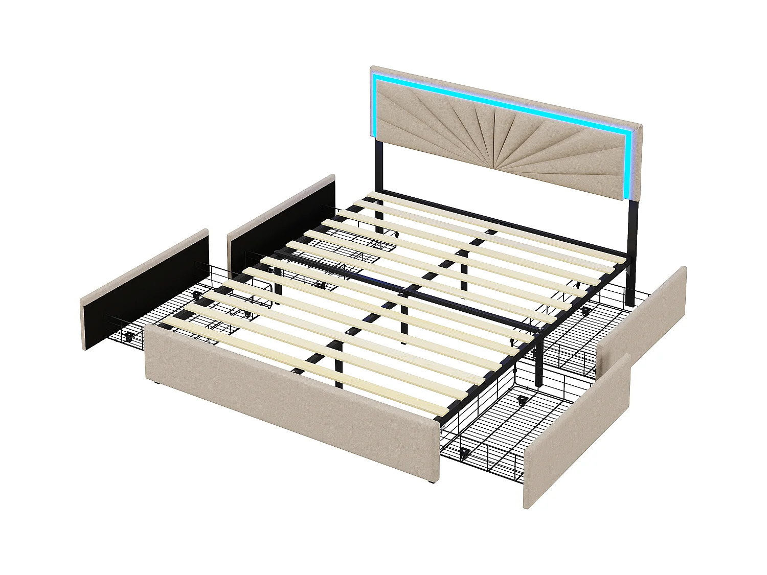 Doppelbett 160x200 cm - Jugendbett mit Lichtleiste und USB-Buchse - mit großer Schublad - Samtstoff - Beige