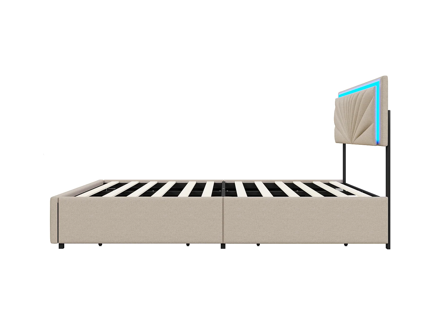 Doppelbett 160x200 cm - Jugendbett mit Lichtleiste und USB-Buchse - mit großer Schublad - Samtstoff - Beige