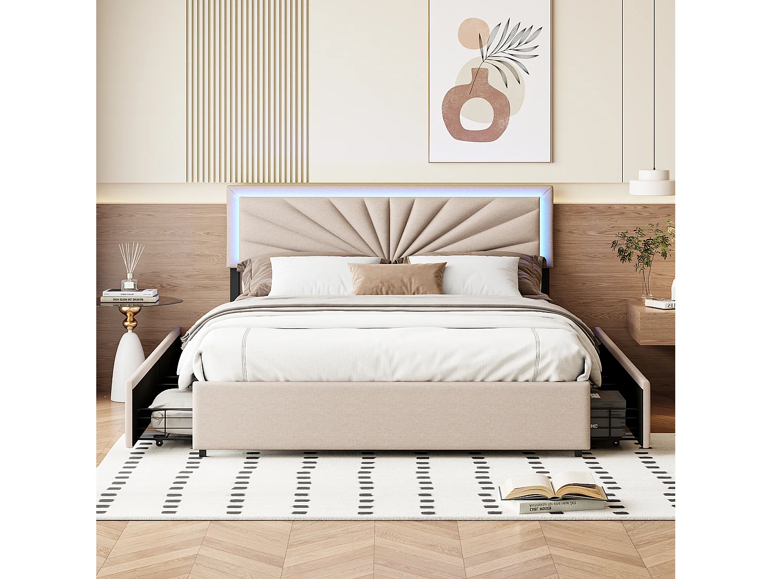 Doppelbett 160x200 cm - Jugendbett mit Lichtleiste und USB-Buchse - mit großer Schublad - Samtstoff - Beige