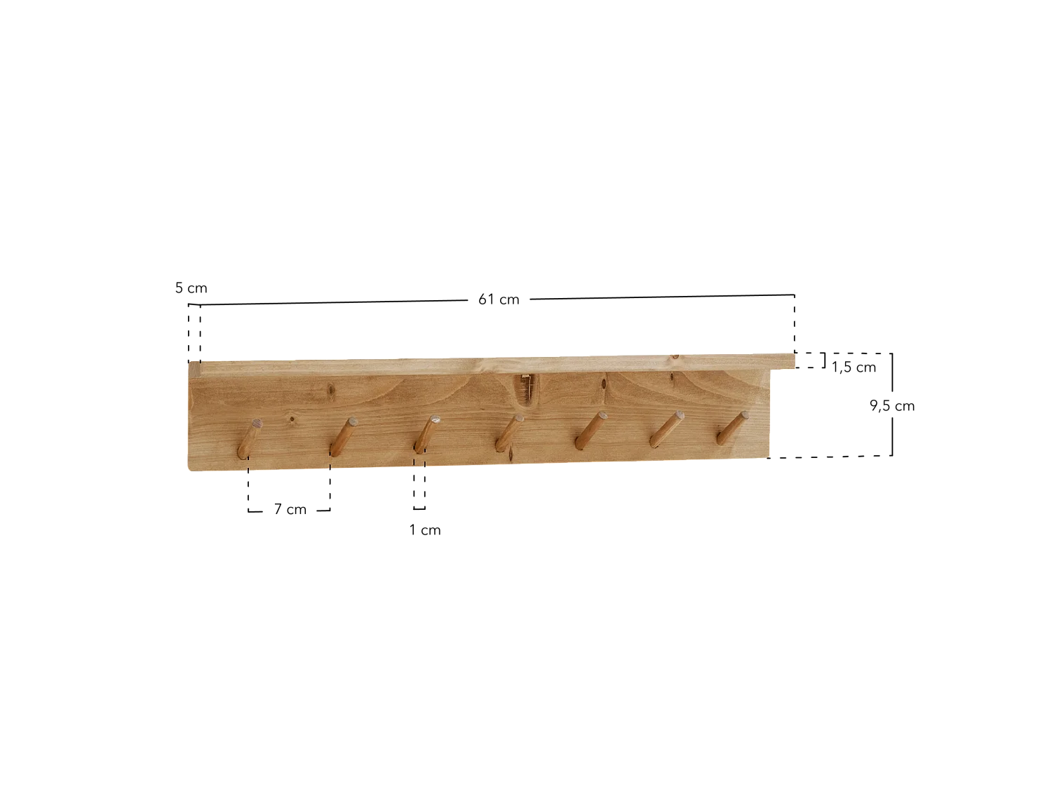 Colgador de pared de madera maciza en tono roble medio de 61x9,5cm - KATE - DECOWOOD