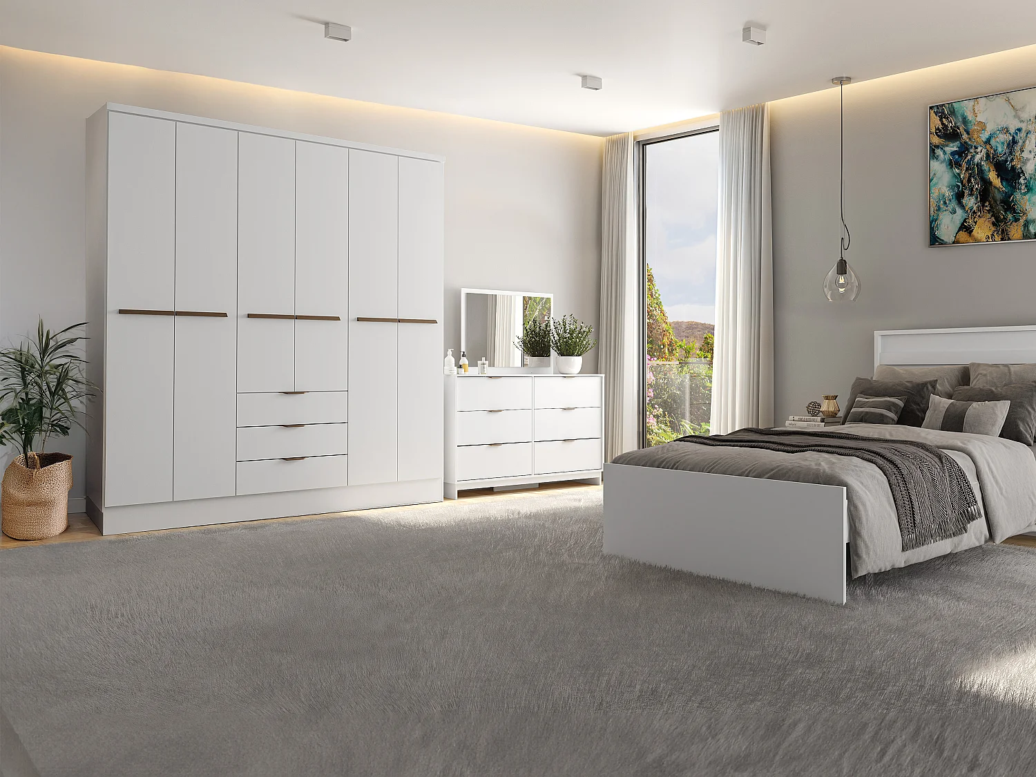 Armario de 6 puertas y 3 cajones - L180 cm - Blanco - PEROLI