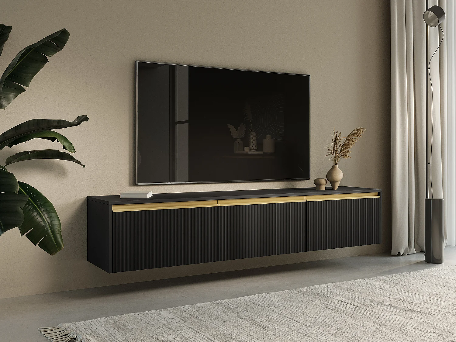 Meuble TV suspendu ou à poser avec 3 portes en MDF - Noir et doré - POSINIA de Pascal MORABITO