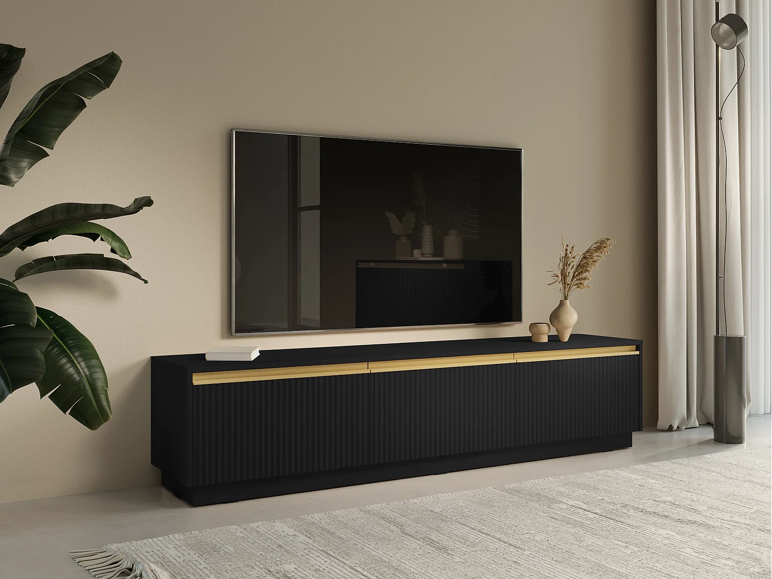 Mueble de TV flotante o de pie con 3 puertas de MDF - Negro y dorado - POSINIA de Pascal MORABITO