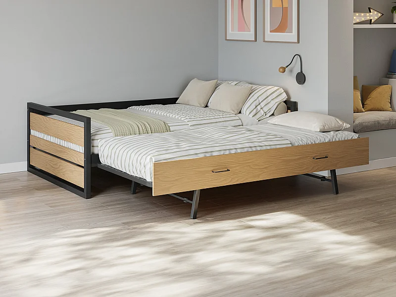 Uitschuifbed 120 x 200 en 90 x 200 cm - Mdf, grenen en metaal - Houteffect en donkergrijs - BOSTON