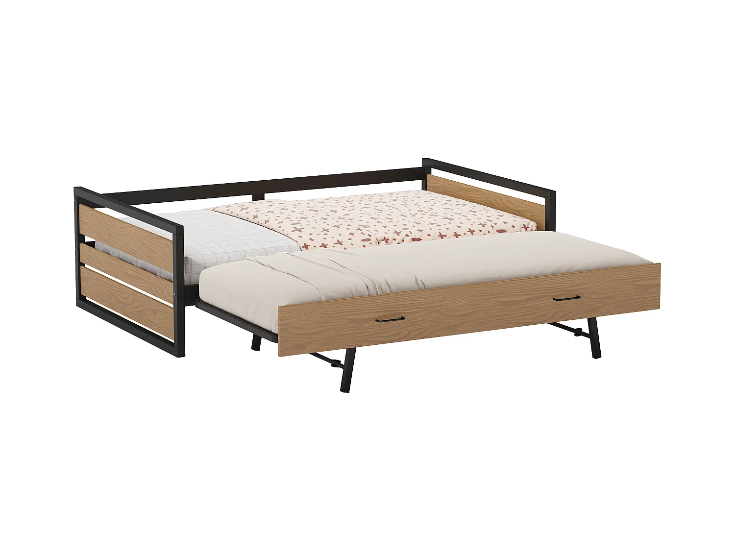 Lit gigogne 120 x 200 et 90 x 200 cm - MDF, Pin et métal - Naturel et anthracite - BOSTON