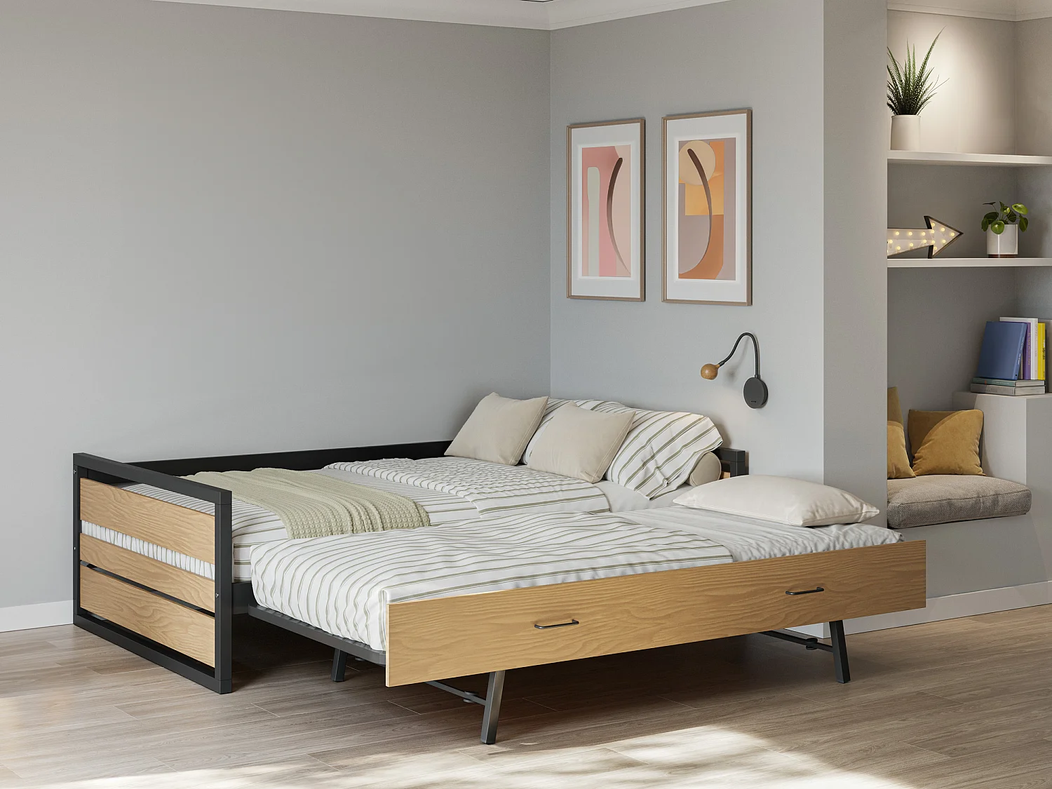 Lit gigogne 120 x 200 et 90 x 200 cm - MDF, Pin et métal - Naturel et anthracite - BOSTON