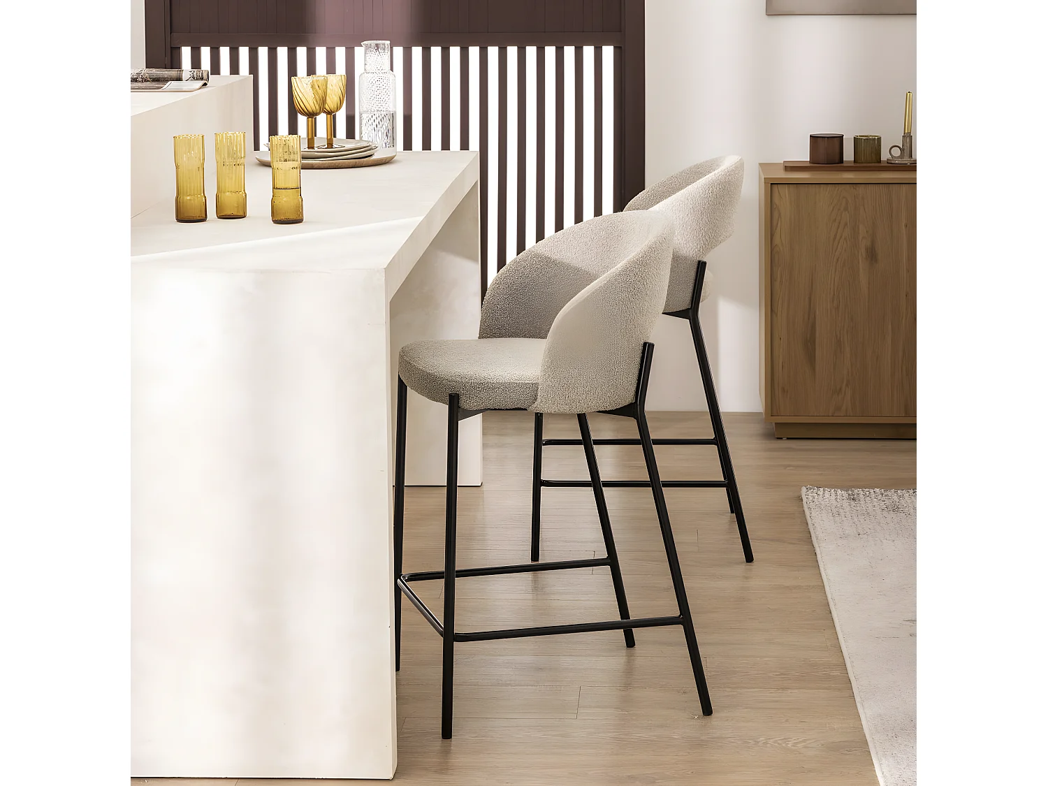 Soren - Lot de 2 chaises de bar en tissu bouclette et métal H65cm - Beige chiné