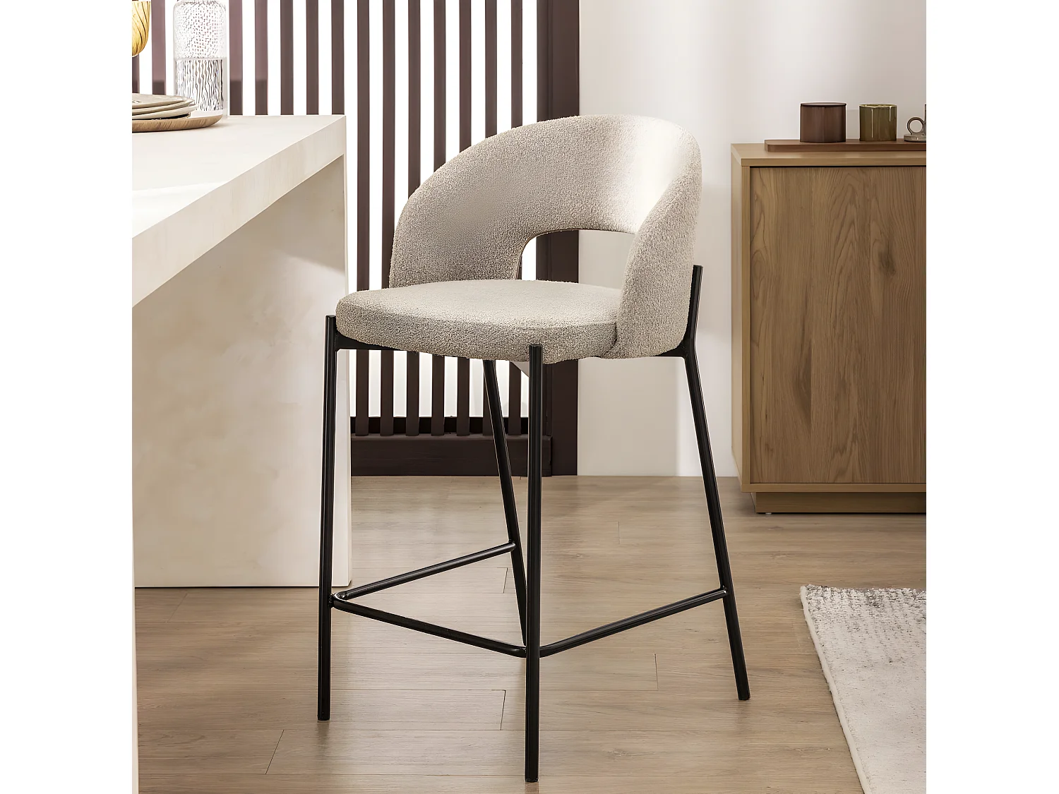 Soren - Lot de 2 chaises de bar en tissu bouclette et métal H65cm - Beige chiné