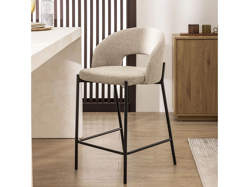 Soren - Lot de 2 chaises de bar en tissu bouclette et métal H65cm - Beige chiné