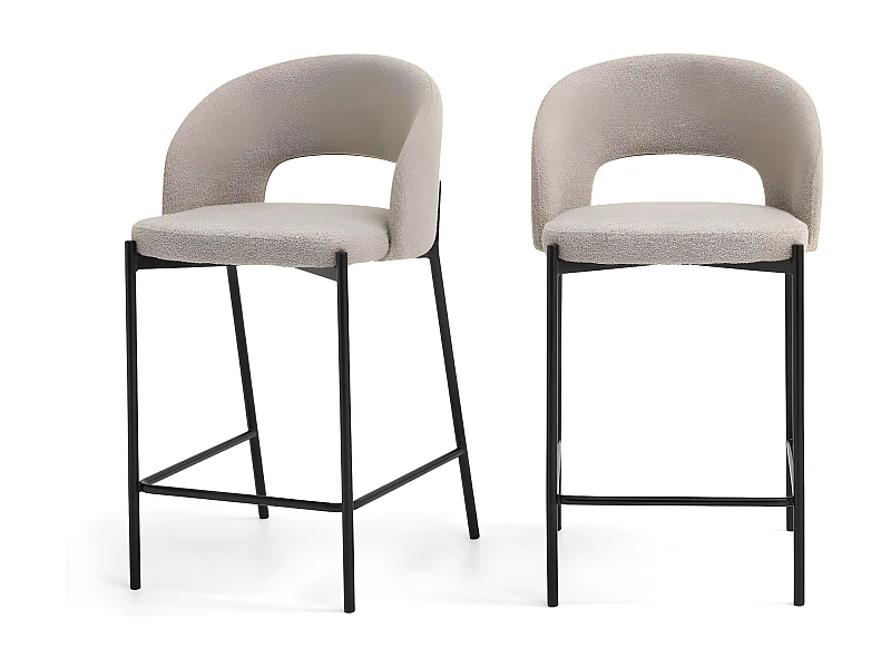 Soren - Lot de 2 chaises de bar en tissu bouclette et métal H65cm - Beige chiné