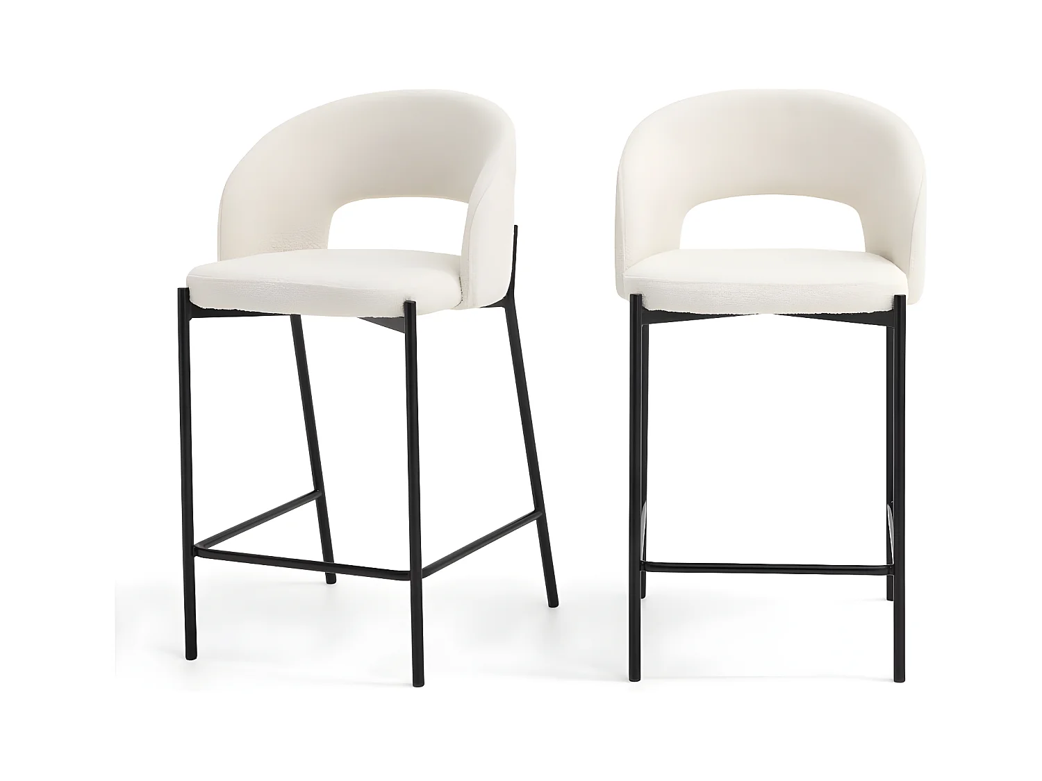 Soren - Lot de 2 chaises de bar en tissu bouclette et métal H65cm - Écru