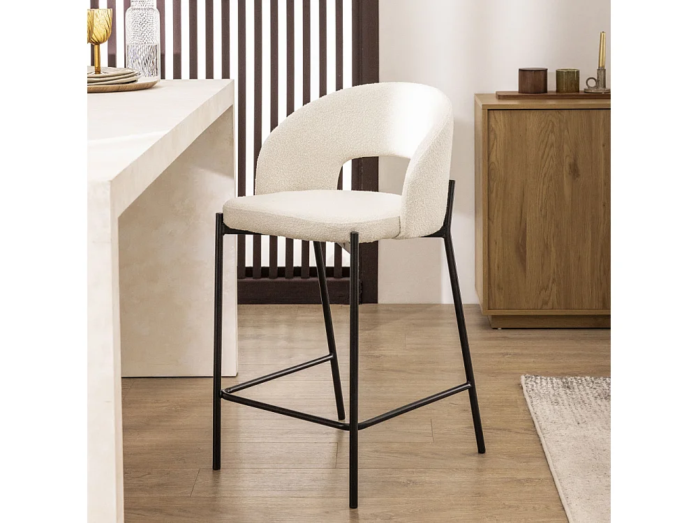 Soren - Lot de 2 chaises de bar en tissu bouclette et métal H65cm - Écru