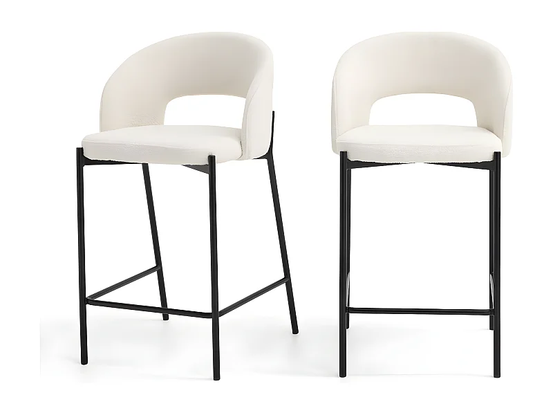 Soren - Lot de 2 chaises de bar en tissu bouclette et métal H65cm - Écru