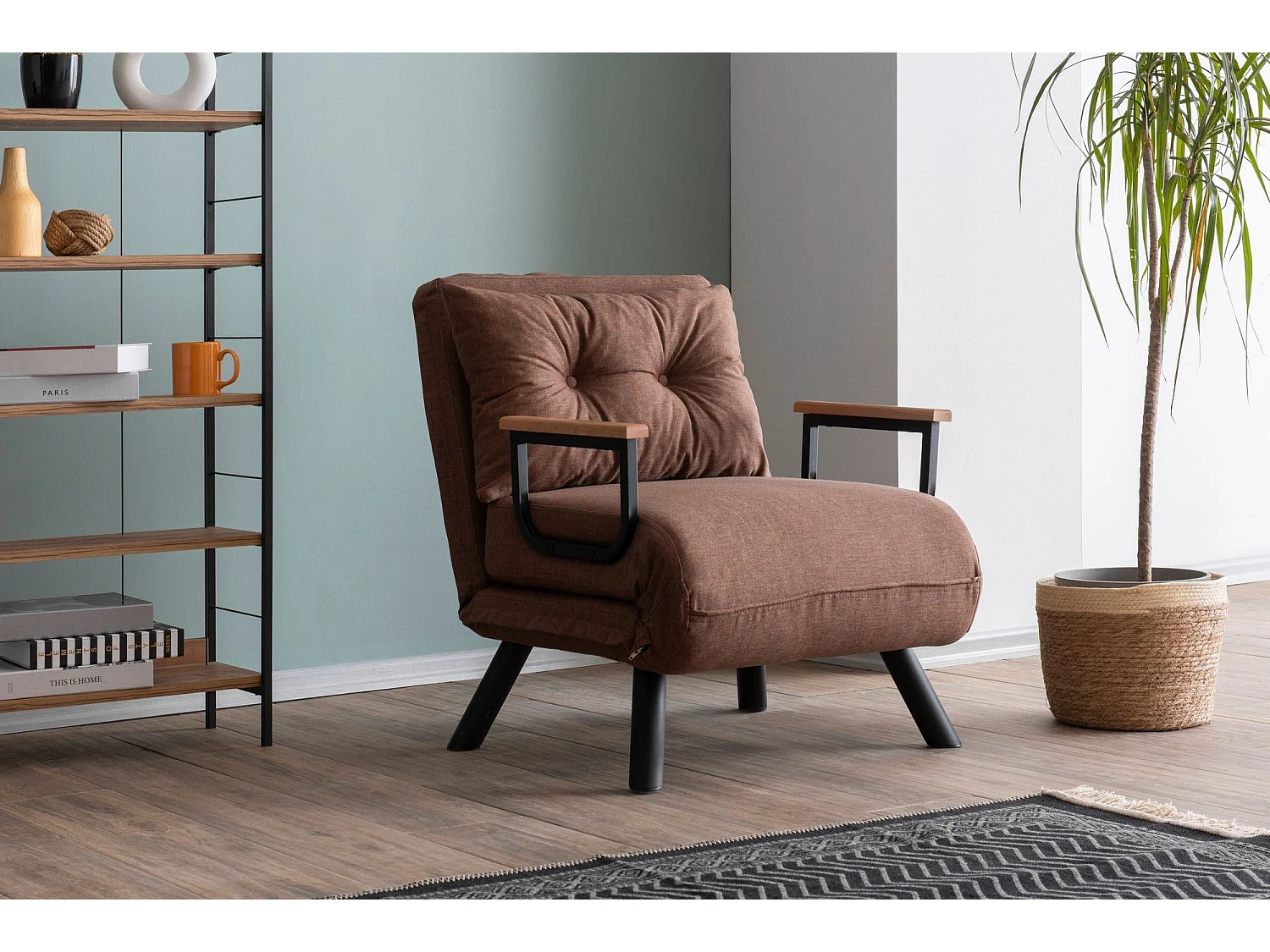 Fauteuil convertible Yolanda Métal Noir et Lin Marron clair